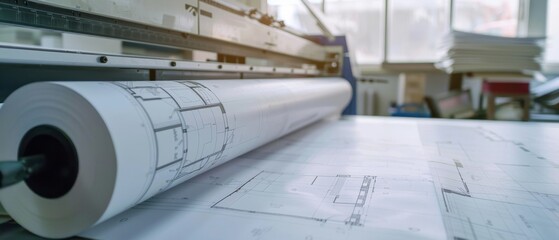 A close-up of architectural blueprints being printed, capturing the precision and meticulousness required in architectural design and planning.