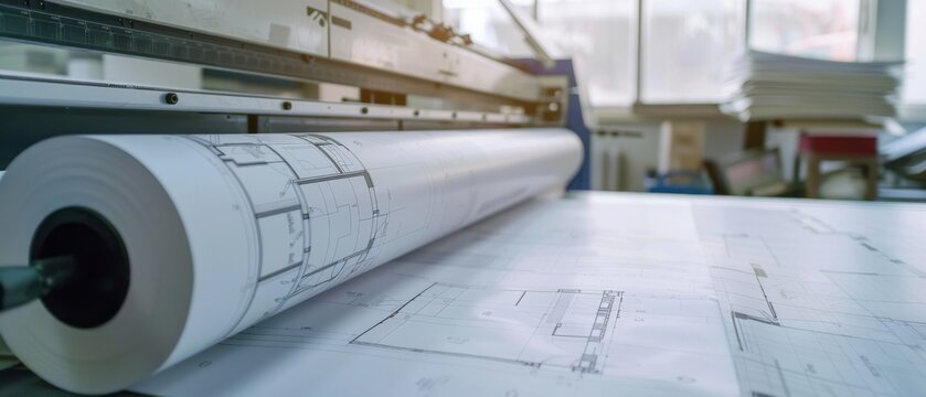 A close-up of architectural blueprints being printed, capturing the precision and meticulousness required in architectural design and planning.