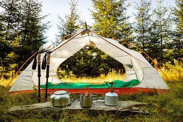 Equipment for camping and cooking on a mountain hike.