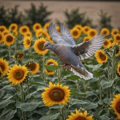 A dove landing gently on a sunflower in full bloom.