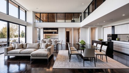 Interior of modern house, living room and dining room, kitchen panorama 3d rendering