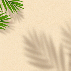 Sand Texture background with Coconut Palm leaves shadow for Summer vibes product present banner,Vector flay lay Beige beach sandy by seaside,Tropical leaf silhouette on brown sand for travel backdrop © Anchalee
