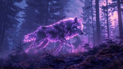 Glowing purple wolf in mystical forest at night.