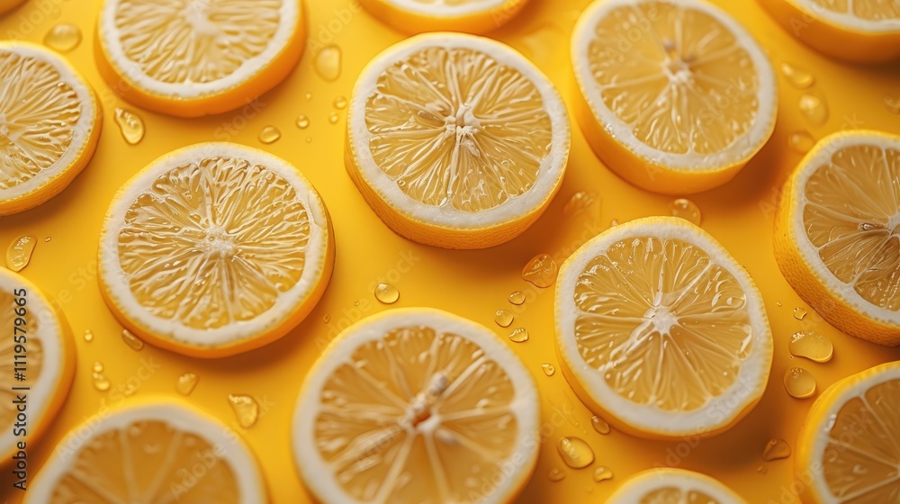 Poster Refreshing lemon slices. yellow background. creating a lively and refreshing visual effect. Translucent lemons cut into round. top view.
