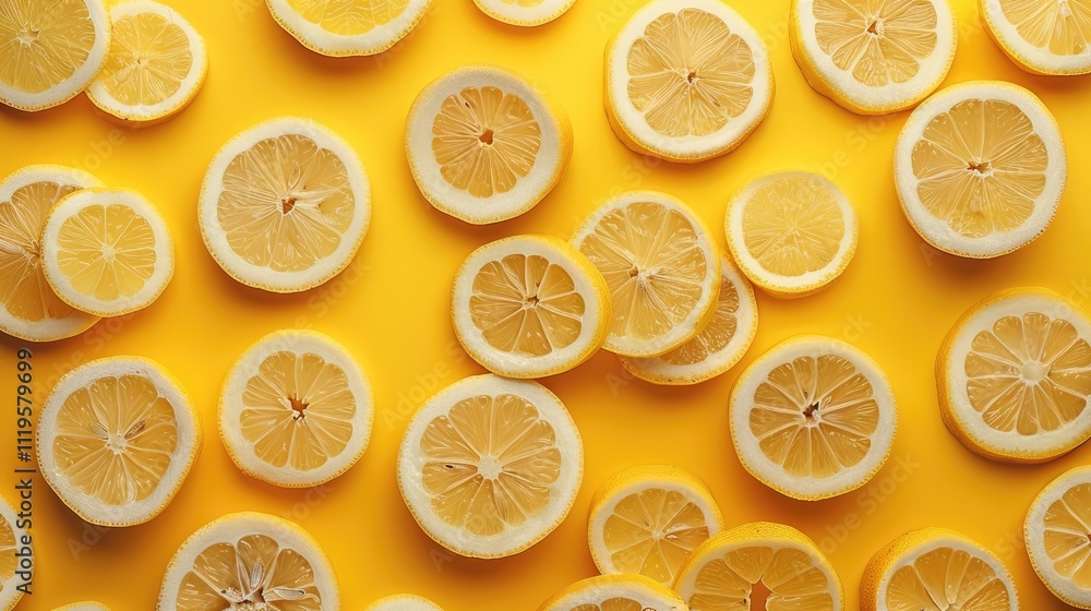 Poster Refreshing lemon slices. yellow background. creating a lively and refreshing visual effect. Translucent lemons cut into round. top view.