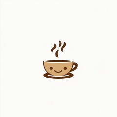 Cute cartoon coffee cup with steam, smiling face, on saucer.