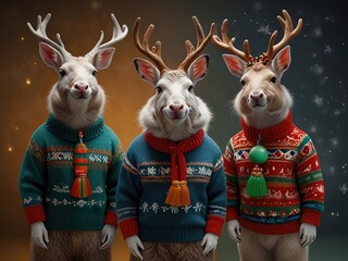 Fototapeta premium christmas reindeer with ribbon,group of dogs and christmas decorations