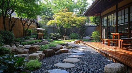 Serene Japanese garden with stone path, wooden deck, and lush greenery.