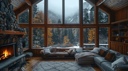 Inside a beautiful and cozy cabin with a fireplace looking out a few windows over a grey and cloudy...