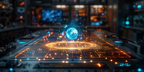 Futuristic holographic display featuring a glowing earth projection, surrounded by vibrant orange and blue lights,