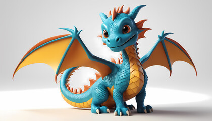 Obraz premium Cute dragon smiling illustration in 3d cartoon style and expressive features, posed dynamically on a clean white isolated background, casting deep studio