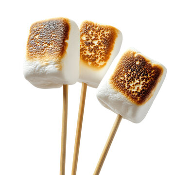 Toasting marshmallows over a fire pit backyard food photography warm atmosphere close-up indulgent treats on white background , cut out.	