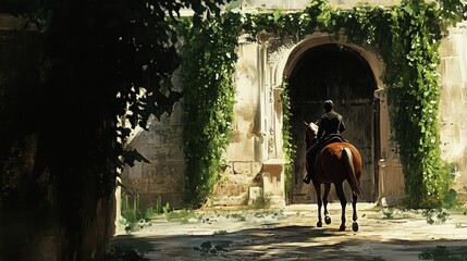 A rider approaches an archway covered in green vines, evoking a sense of adventure.