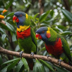 A vibrant lorikeet eating fruit in a lush jungle.