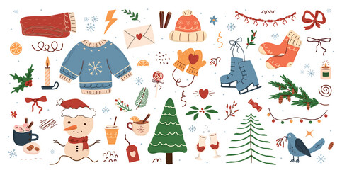 winter pattern, cute illustration.  tree, stars, dots, snow, simple  design. hand drawn doodles are isolated on a white background. A trend concept for print, banners, social networks, posters. png