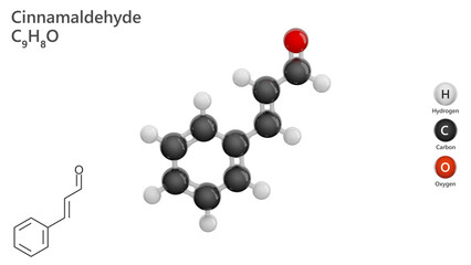 Molecule: Cinnamaldehyde. Cinnamon. Molecular structure. Formula: C9H8O. Chemical model: Ball and stick. White background. 3D illustration.