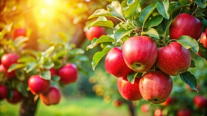 Obraz premium Red apples growing on tree in lush garden, red, apples, tree, garden, fruit, harvest, nature, organic, fresh, ripe, healthy