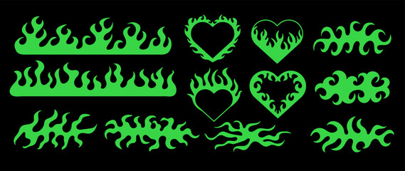 y2k abstract fire set. Gothic flame heart. Neon acid tattoos and print. Design green elements