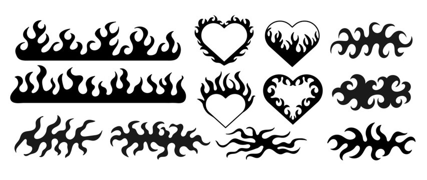 y2k abstract fire set. Gothic flame heart. Black acid tattoos and print. Design elements