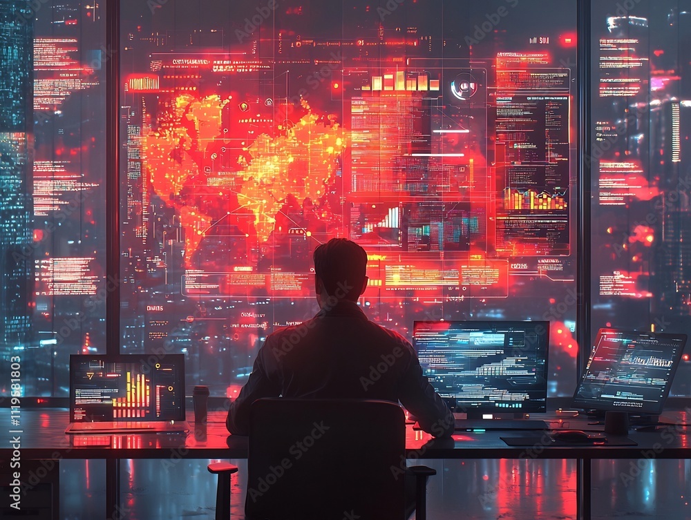 Poster futuristic ai driven marketing dashboard with holographic data visualizations in high tech office se
