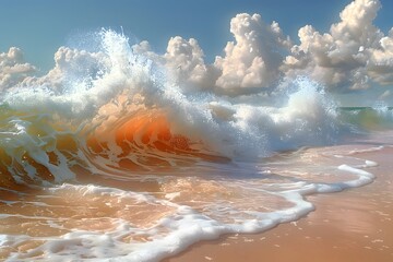 Fototapeta premium Dramatic Ocean Waves Crashing on Sandy Beach Under Cloudy Sky - Nature and Travel