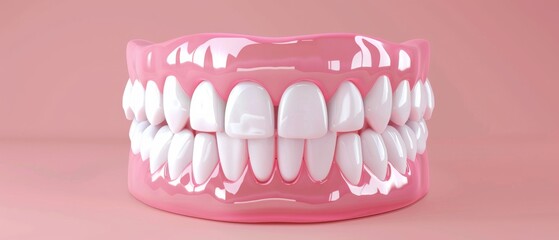 Obraz premium Gleaming set of white artificial teeth set against a soft pink backdrop captures dental precision and aesthetic appeal.