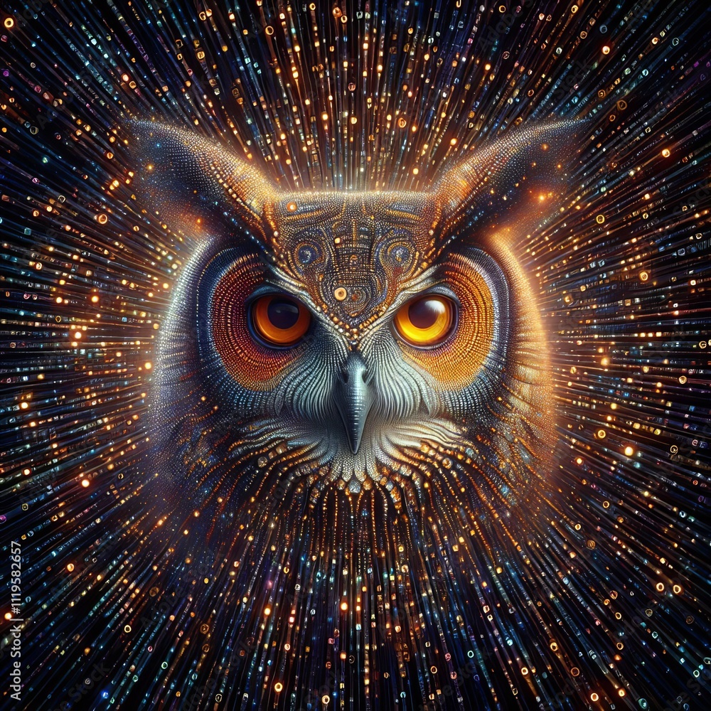Poster 9 macrorealism owl in matrix code a wise owl's face rendered in