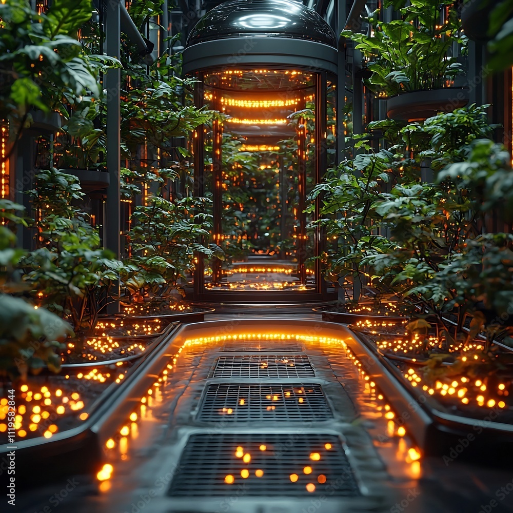 Aufkleber futuristic bio engineered farm with glowing leaves in optimized rows for higher yields and climate r