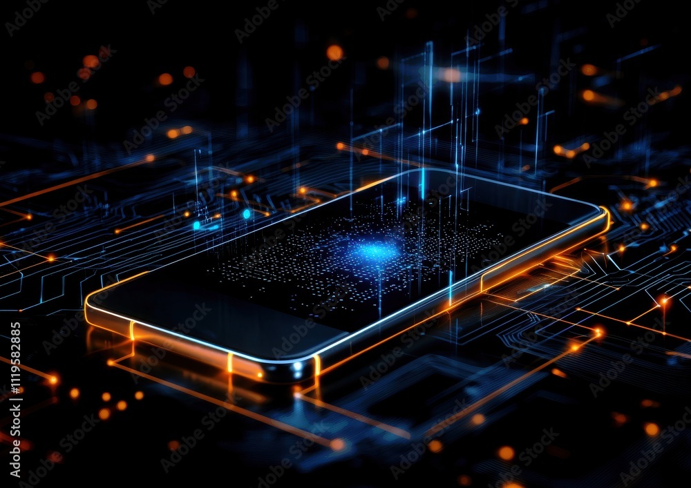 Poster a futuristic smartphone is displayed against a backdrop of glowing circuits and digital elements, sy