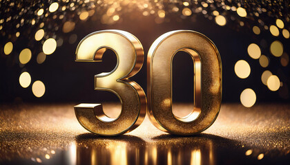 The golden number "30" stands prominently against a backdrop of golden bokeh lights and glitter, creating a festive and celebratory atmosphere	