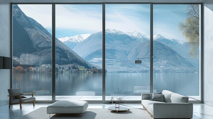 Modern minimalist style, high-end gray aluminum window frames with large glass windows overlooking the lake and mountains outside the house.