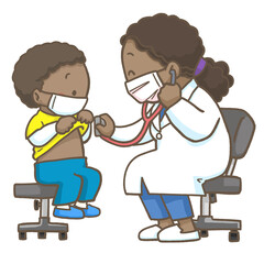 聴診器を持って男の子を診察している黒人女性の小児科医