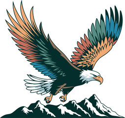 A flying eagle with vibrant multicolored wings Vector illustration with white background for T-shirt Design, a bald eagle in flight