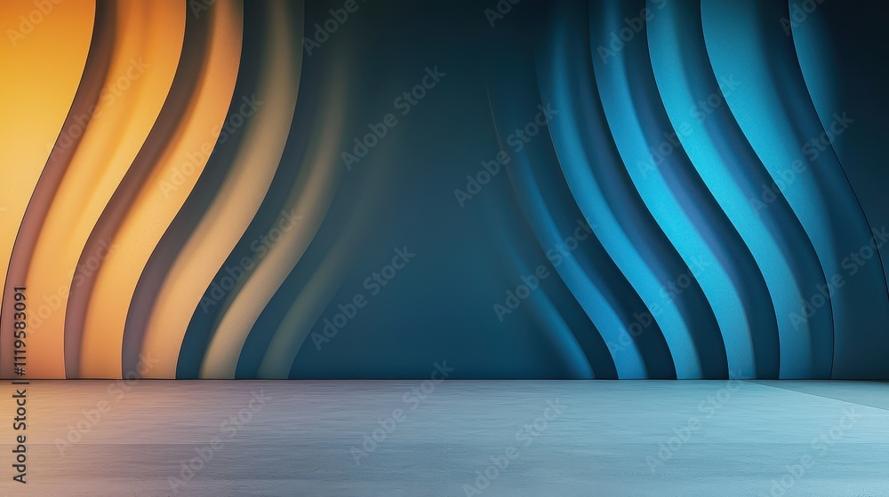 Poster voice sound projection concept, futuristic theater stage with dynamic sound projecting waves of colo