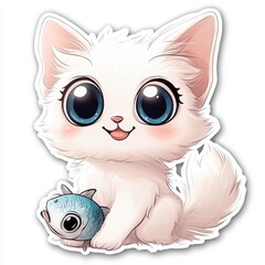Cute cartoon white kitten holding fish.