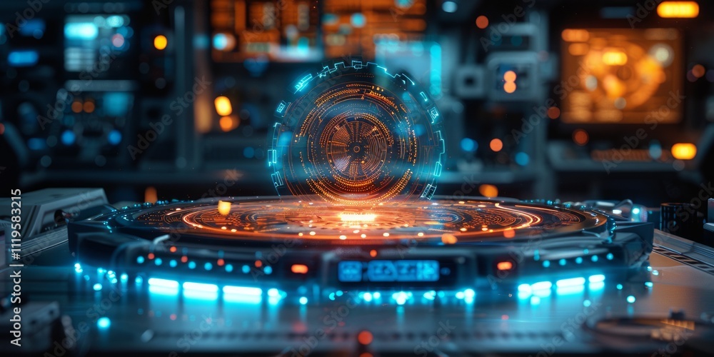 Poster futuristic holographic interface displaying glowing data in a high-tech control room, featuring adva