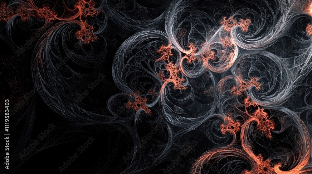 Poster surreal abstract background with ethereal wisps and fractal patterns in black and red