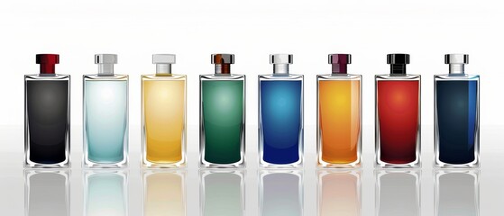 A striking lineup of elegant perfume bottles with varied colors, graphics, and sophistication, embodying luxury and design through minimalism.