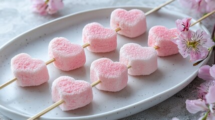 Valentine's Day marshmallow skewers: Heart-shaped marshmallows on skewers styled with ribbons and fresh flowers,