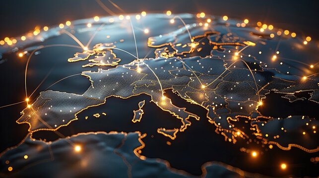 A sleek, futuristic 3D virtual globe with glowing points of light scattered across key global business hubs, including the Europe cities and multiple locations luminous lines connect these points.