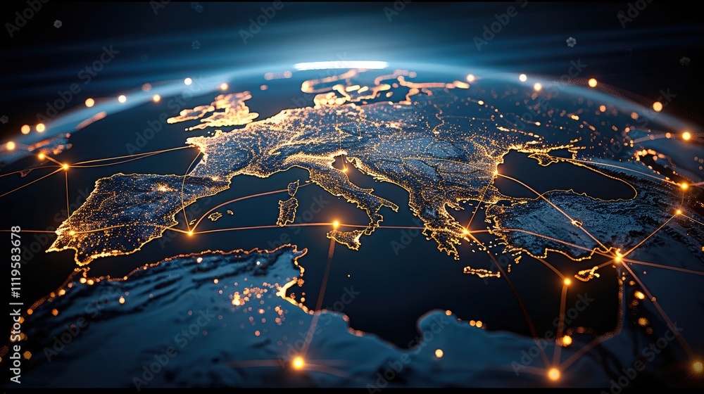 Aufkleber A sleek, futuristic 3D virtual globe with glowing points of light scattered across key global business hubs, including the Europe cities and multiple locations luminous lines connect these points.