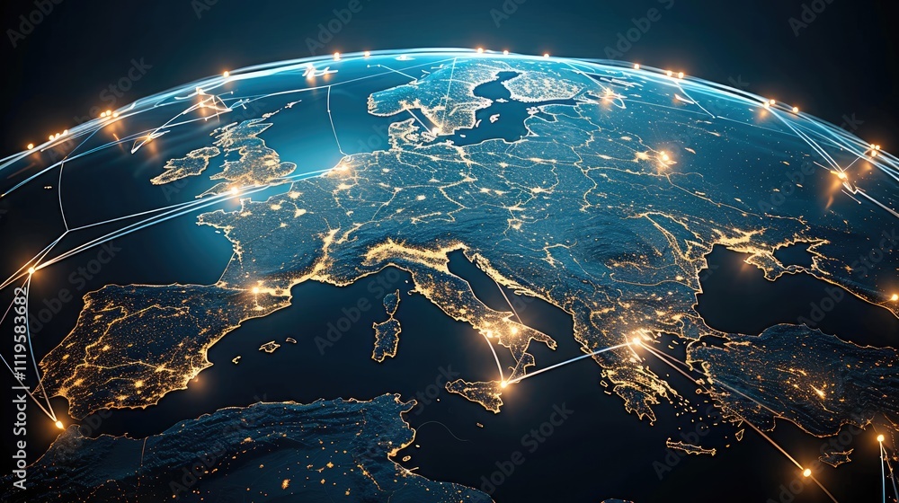 Poster A sleek, futuristic 3D virtual globe with glowing points of light scattered across key global business hubs, including the Europe cities and multiple locations luminous lines connect these points.