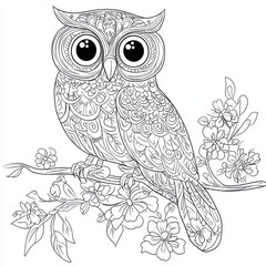 Cute owl, detailed line art design, perched on blossoming spring branch.