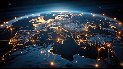A sleek, futuristic 3D virtual globe with glowing points of light scattered across key global business hubs, including the Europe cities and multiple locations luminous lines connect these points.