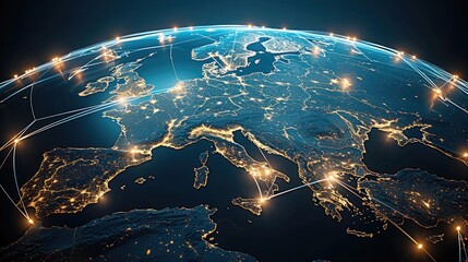 A sleek, futuristic 3D virtual globe with glowing points of light scattered across key global business hubs, including the Europe cities and multiple locations luminous lines connect these points.