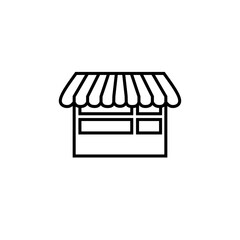 Vector illustration of traditional market trader kiosk icon with striped awning. Ideal for business or retail concepts.