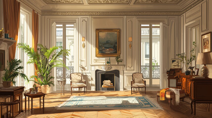 Parisian-style living room with elegant decor, natural light, and classic architectural details
