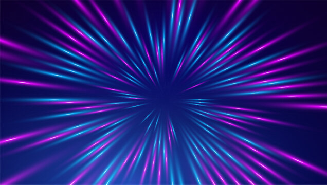 Warp drive high speed. Neon light warp tunnel speed of light background.