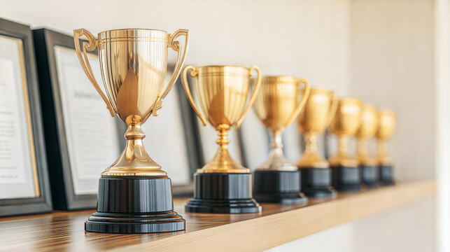 A row of golden trophies displayed elegantly on a wooden shelf.