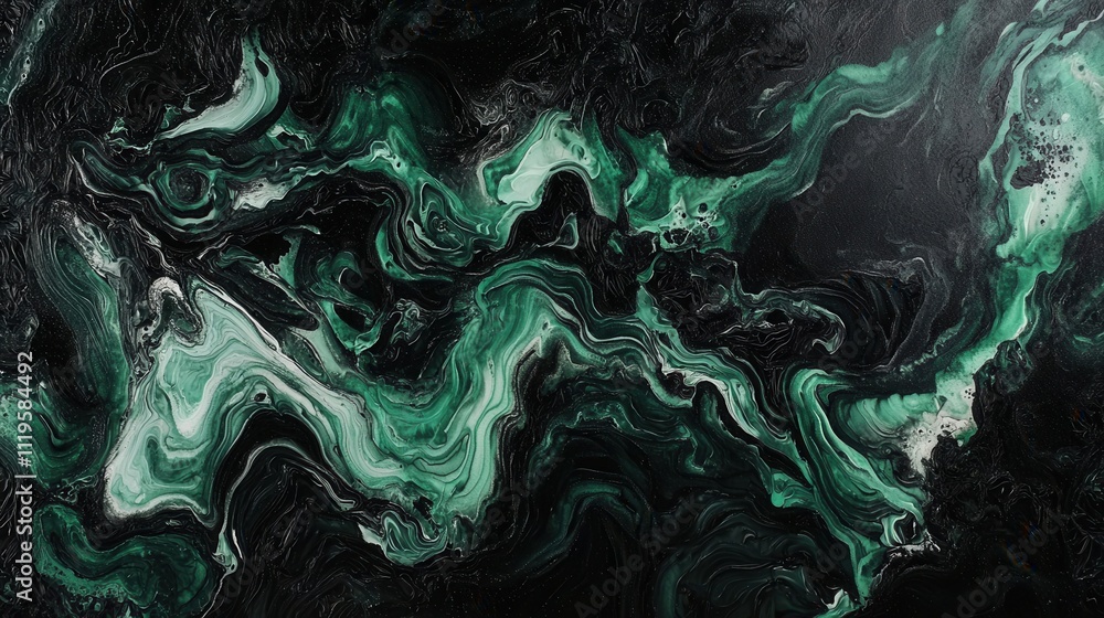 Poster ethereal surreal abstract art with black background and wisps of green and white fluid patterns